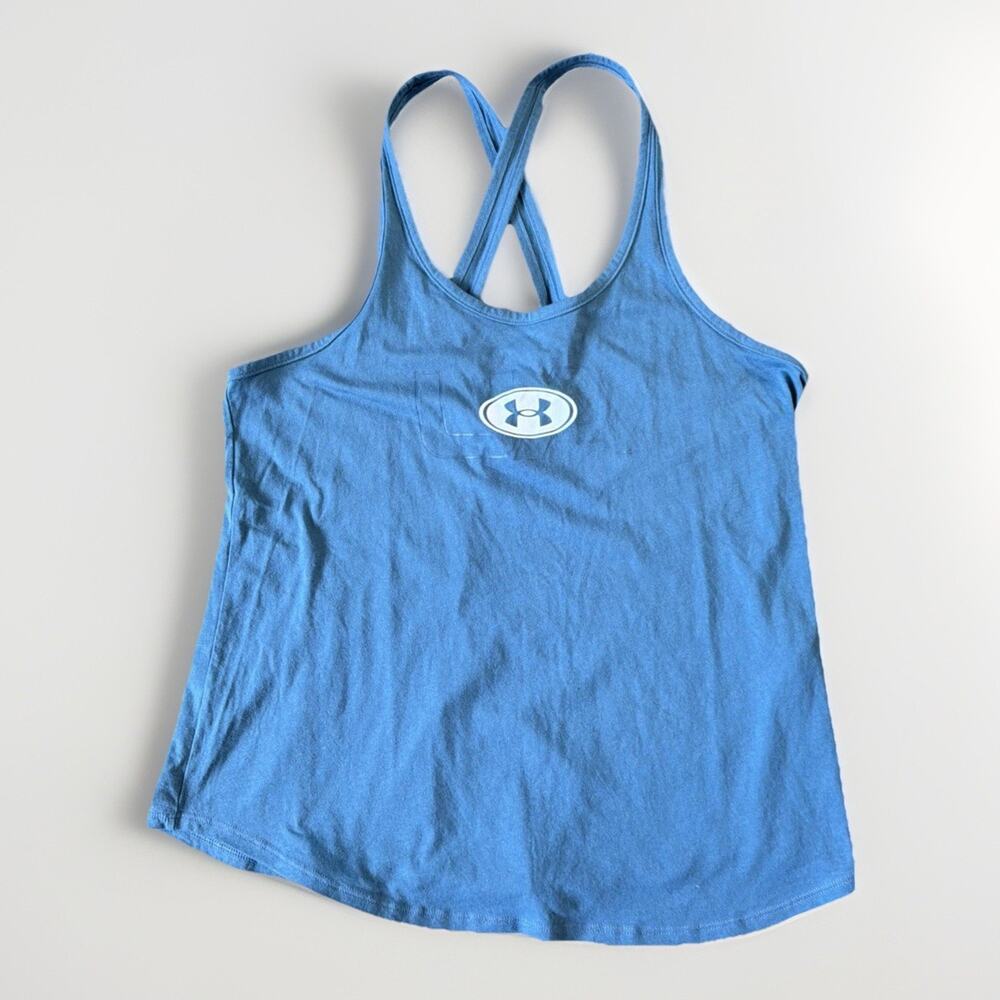 Under Armour HeatGear Sz M Blue Twist Racerback Tank Top Gym Athletic Spellout